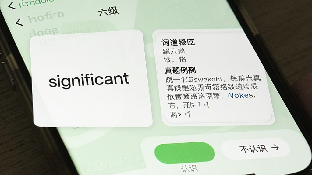 Ӣ�������ʻ��ټǽ��棬�ֻ���Ļ��ʾһ�ŵ�����������Ƭ������Ӣ�ĵ��ʡ�significant��������������������������䣬�ײ��С���ʶ���͡�����ʶ��������ť������Ϊǳ��ɫ����ģʽ���Ű�ɾ����࣬������£��޶���װ��Ԫ��