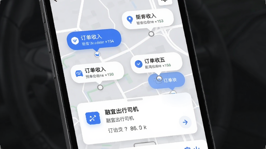 融宜出行司机端智能订单推送界面,手机屏幕显示地图上多个订单气泡,每个气泡标注距离和预估收入,下方弹出订单详情卡片,蓝白色调,图标简洁,背景为浅灰色地图,画质感干净,无杂乱元素