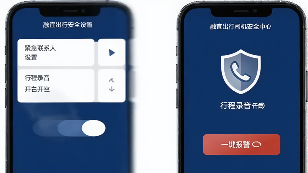 融宜出行司机端安全中心界面,手机屏幕显示紧急联系人设置、行程录音开关、一键报警按钮,图标为盾牌和电话形状,深蓝色背景,白色文字,风格沉稳,画质清晰,无多余装饰