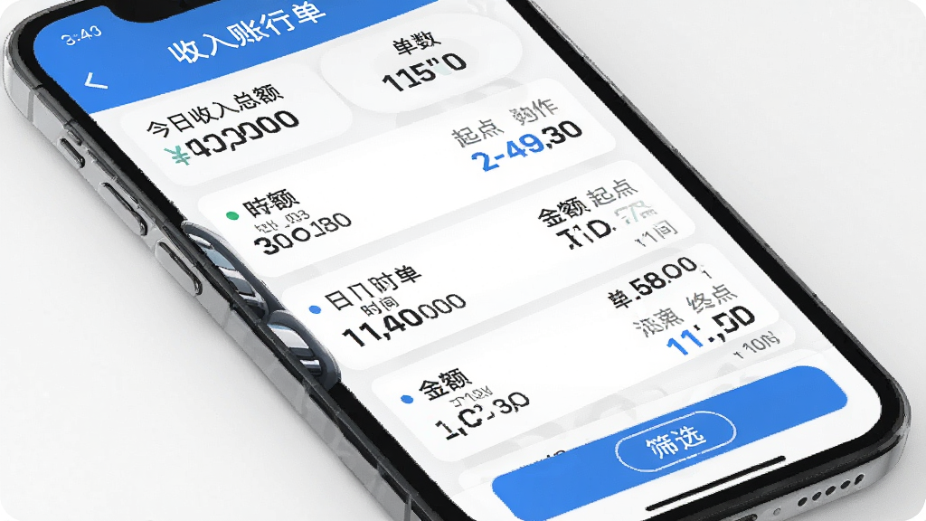 融宜出行司机端收入账单页面,手机屏幕展示列表式账单,每笔订单显示时间、金额、起点终点,顶部有今日收入总额和单数,底部有筛选按钮,蓝白配色,数字清晰,排版整齐,画质干净无多余元素