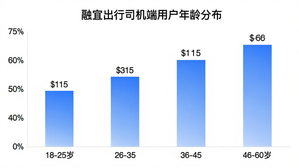 融宜出行司机端用户年龄分布柱状图,横轴为18-25岁、26-35岁、36-45岁、46-60岁四个年龄段,纵轴为百分比,柱体为蓝色渐变,每个柱子上方标注具体数值,背景白色,图表标题为“融宜出行司机端用户年龄分布”,画质清晰,无多余元素