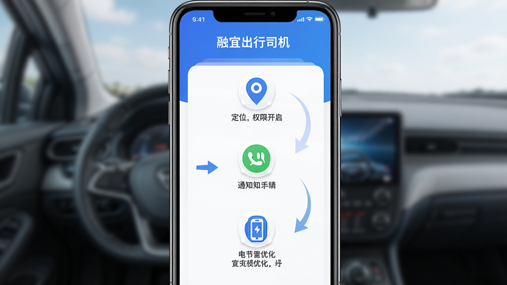 融宜出行司机端新手设置引导页面,手机屏幕显示权限开启步骤,包括定位、通知、电池优化三个图标,每个图标下方有简短说明文字,蓝白色调,布局清晰,箭头引导操作顺序,画质干净,无多余元素