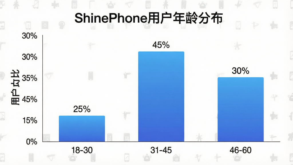 һ��չʾShinePhone�û�����ֲ�����״ͼ��ͼ��ʾ�ʡ�������һ����״ͼ������Ϊ�����18-30��31-45��46-60������Ϊ�û�ռ�Ȱٷֱȡ����Ӹ߶ȷֱ���ʾԼ25%��45%��30%������Ϊͼ�����У�������ɫ���Ű��࣬������ݿ��ӻ���ϸ����������ɫΪ������ɫ����ֵ��ǩ����������Ϊ���ġ�ShinePhone�û�����ֲ��������ʸɾ����޶���Ԫ�أ����塣