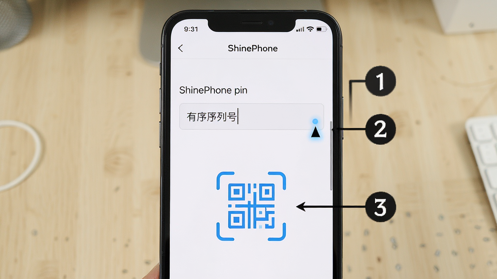 һ��չʾShinePhone���ֲ����������ͼ��ʾ�ʡ��������ֻ���Ļ��ʾShinePhone���豸���ӽ��棬��Ļ�������к�������ɨ��ͼ�꣬�Ա��в�������1��2��3��ע������Ϊ�ֻ����У�������ǳɫ���档�Ű����������̳��ࡣϸ����������й����˸Ч����ɨ��ͼ��Ϊ��ɫ�����ʸɾ����޶���Ԫ�أ����塣