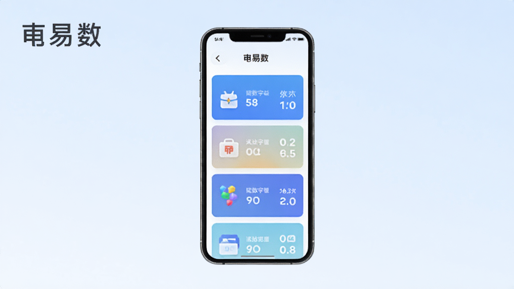 一张“甬易数”功能展示图,画面中央是一部手机,屏幕里显示着各种数字权益卡片整齐排列,卡片上有图标和数字,背景是浅蓝色渐变,风格简洁现代,画质干净,无多余元素。
