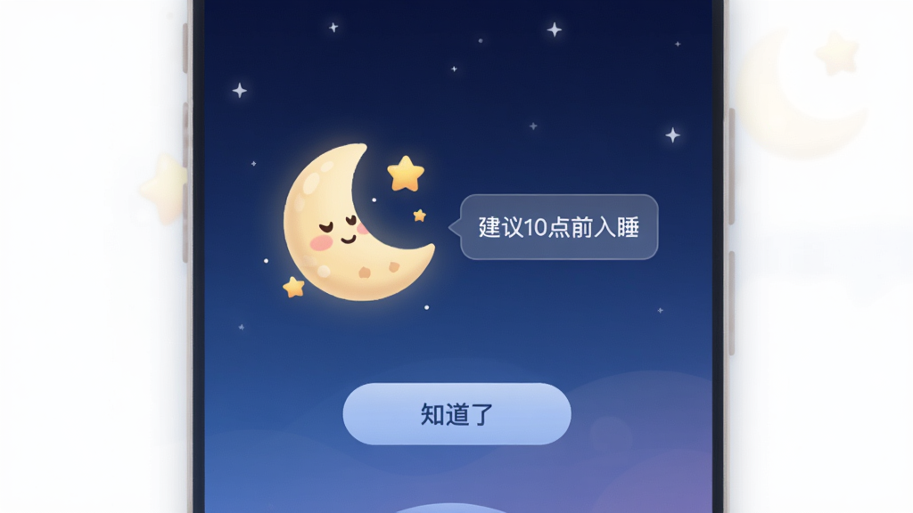 ���쳤��App˯�����ѿ�Ƭ���棬��������һ����ͨ����������ͼ�����Ա����ֿ���ʾ������10��ǰ��˯�����ײ��С�֪���ˡ���ť������������ɫҹ�ս��䣬�����Ͱ��������ʸɾ��޶���Ԫ��