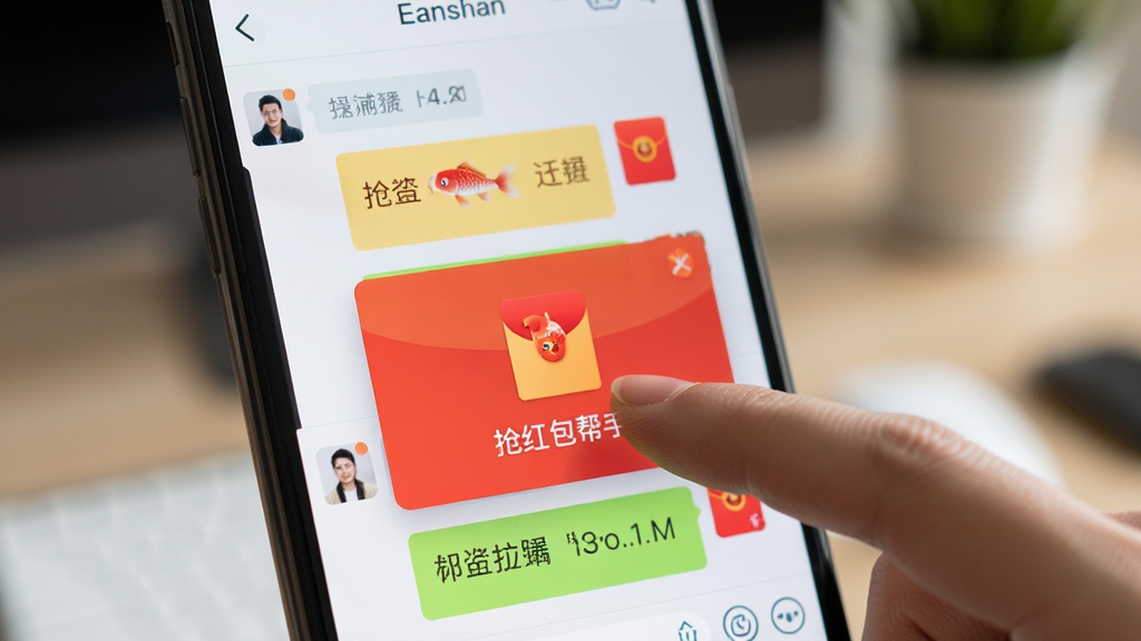 一张展示锦鲤抢红包帮手一键跳转功能的生图,主体为手指点击手机屏幕上的红包悬浮窗,布局为第一人称视角,排版上手机屏幕占据画面中心,风格为生活化场景风,细节包括手指动作自然、屏幕显示聊天界面和红包气泡、锦鲤抢红包帮手图标清晰可见、背景虚化处理,画质高清干净无多余元素。