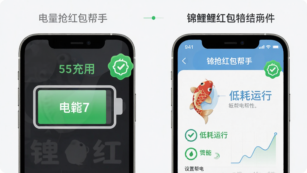 一张表现锦鲤抢红包帮手低耗省电特性的生图,主体为手机电池图标和软件运行界面并列展示,布局为左右分屏对比,排版上左侧电池图标显示电量充足、右侧为锦鲤抢红包帮手设置页面,风格为信息图表风,细节包括绿色节能标识、软件界面简洁、文字标注「低耗运行」、背景干净,画质清晰无多余元素。