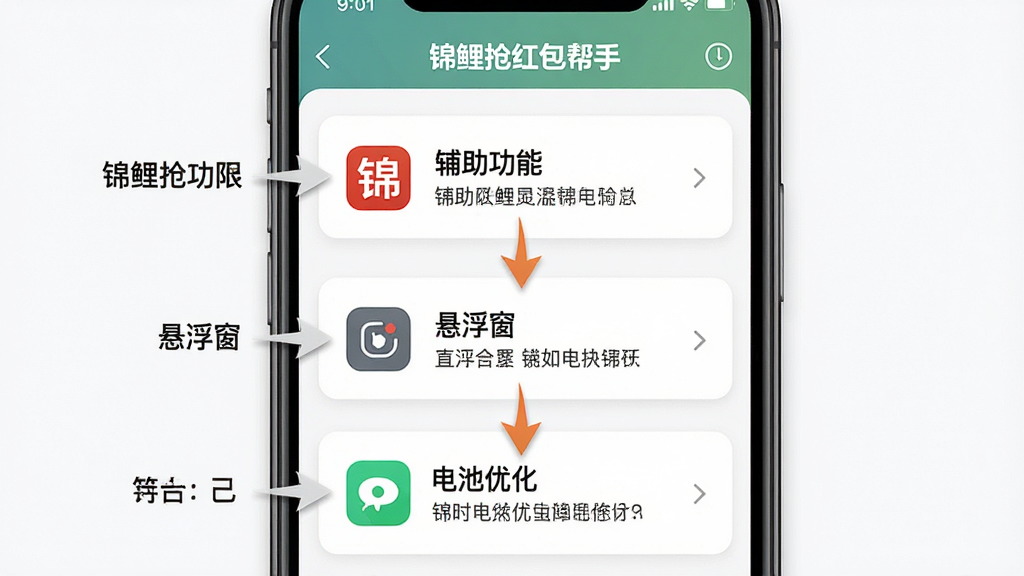 一张展示锦鲤抢红包帮手设置引导页面的生图,主体为手机屏幕显示权限开启步骤,布局为手机正面特写,排版上屏幕内分步骤展示辅助功能、悬浮窗、电池优化三个设置项,风格为教程图解风,细节包括每一步都有箭头指引、文字标注「锦鲤抢红包帮手」、界面配色清爽、图标简洁明了,画质高清干净无多余元素。
