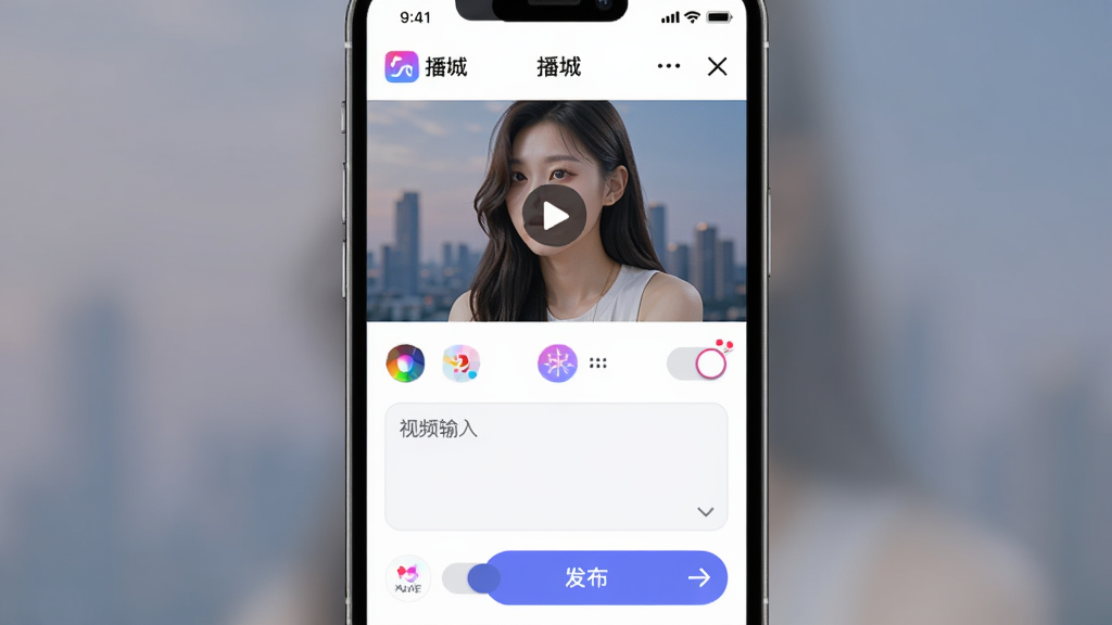 ����App��Ƶ��̬����ҳ�棬����Ϊ�ֻ���Ļ������Ϊ�ϰ벿����ƵԤ���°벿�����������ͷ�����ť���Ű���У�������ữ��ϸ��չʾ�˾�ͼ������տ��أ����ʸɾ��޶���Ԫ�أ���Ļ�����ְ��������ǡ�