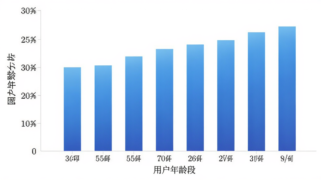 叮当小印 用户年龄分布柱状图 横轴为年龄段 纵轴为百分比 柱子颜色为蓝色渐变 背景白色 简洁数据可视化风格 画质干净 无多余元素