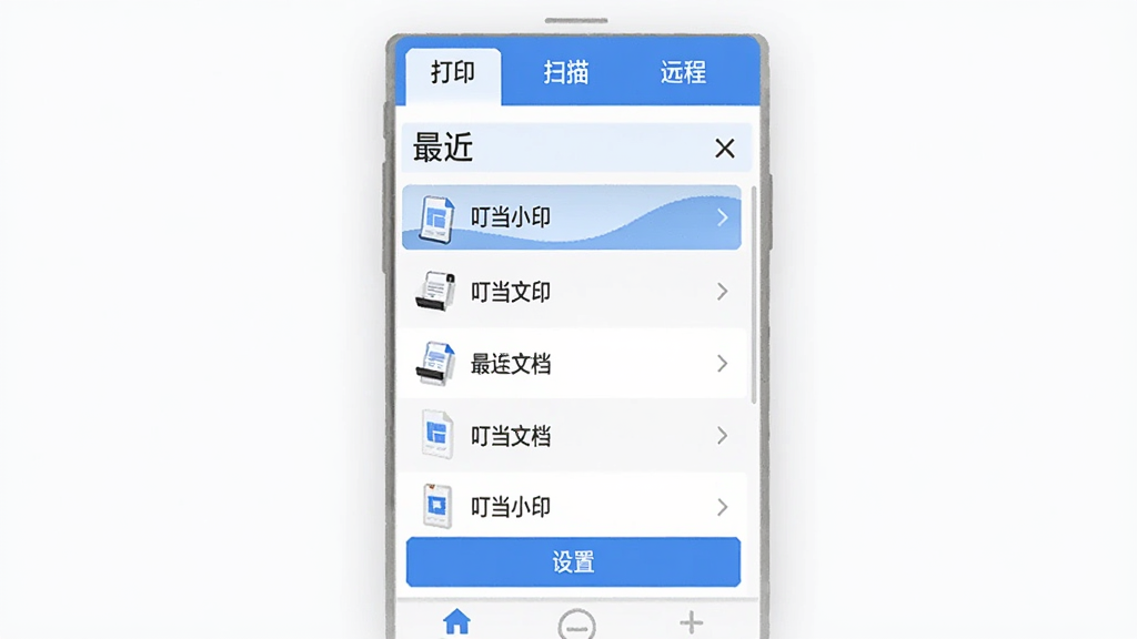 叮当小印 功能界面展示 无广告清爽布局 顶部是打印 扫描 远程三个标签 中间是最近文档列表 底部有设置按钮 蓝白配色 扁平化设计 画质干净 无多余元素
