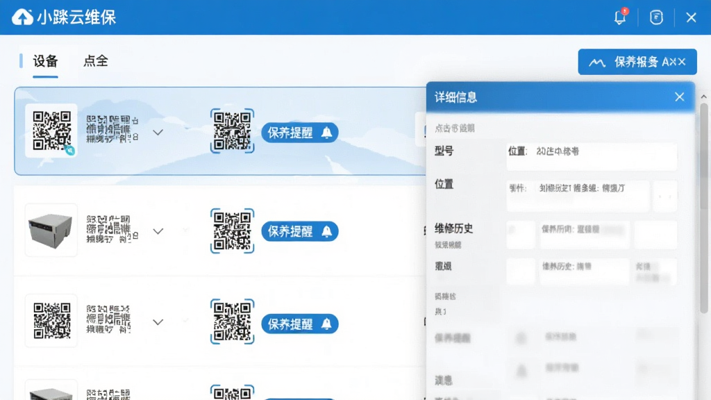�������豸����ҳ���ͼ������Ϊ��С��ά����������չʾ�豸�б���ÿ̨�豸�Ա��ж�ά��ͼ��͡��������ѡ���ǩ�����ĳ̨�豸�󵯳���ϸ��Ϣ��壬�����ͺš�λ�á�ά����ʷ���ֶΣ����岼�ֹ�����������ɫ����������࣬���ʸɾ��޶���Ԫ�ء�