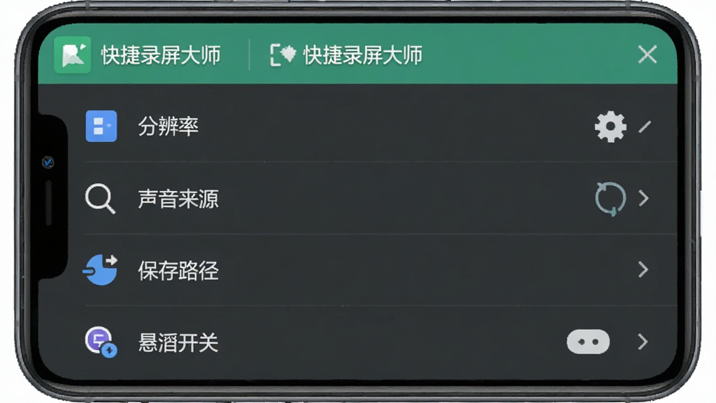 一张展示“快捷录屏大师”设置界面的示意图,画面中手机屏幕显示软件的设置选项列表,包括分辨率选择、声音来源、保存路径、悬浮窗开关等选项,每个选项旁边有对应的图标,布局整齐,风格简洁清晰,画质干净无多余元素