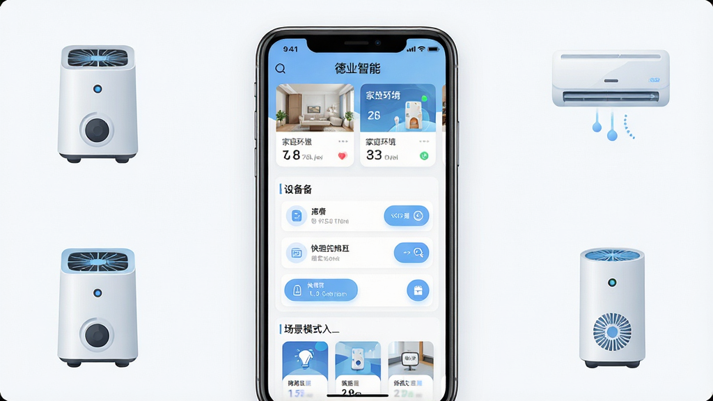 һ��չʾ����ҵ���ܡ�App����ȫò�ĳ���ͼ���������ֻ���Ļ��ʾApp��ҳ���棬����Ϊ�Ϸ��Ǽ�ͥ�������ݿ�Ƭ���м����豸�б��Ϳ�ݿ��ư�ť���·��ǳ���ģʽ��ڣ������Ű������������Ϊ�ִ���ƽ���Ƽ��磬ϸ�����ֻ���Χ��׺��ʪ�����յ��������������ܼҵ�ͼ�꣬���ʸ���ɾ����޶���Ԫ��