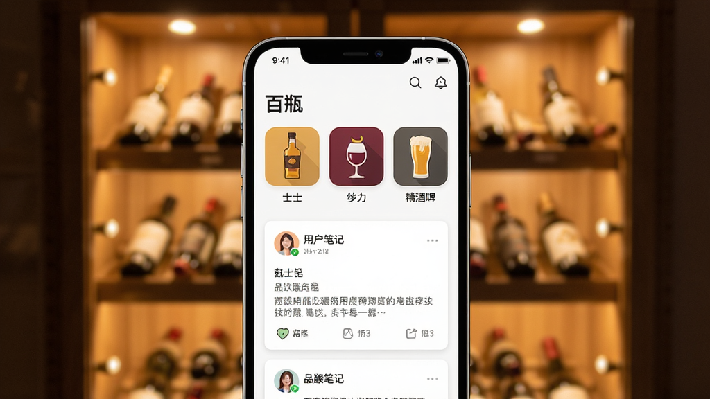 ��ƿApp������չʾ���ֻ���Ļ���У�������ůɫ���ľƹ�����͵ƹ⣬��Ļ����ʾ����ƿ��Ӧ����ҳ������ʿ�ɡ���ơ�����ơ�Ƶȷ���ͼ�꣬�·����û�Ʒ���ʼǿ�Ƭ�������岼�ָɾ����࣬����ִ���Լ��ϸ�ھ��£����ʸ��壬�޶���Ԫ��