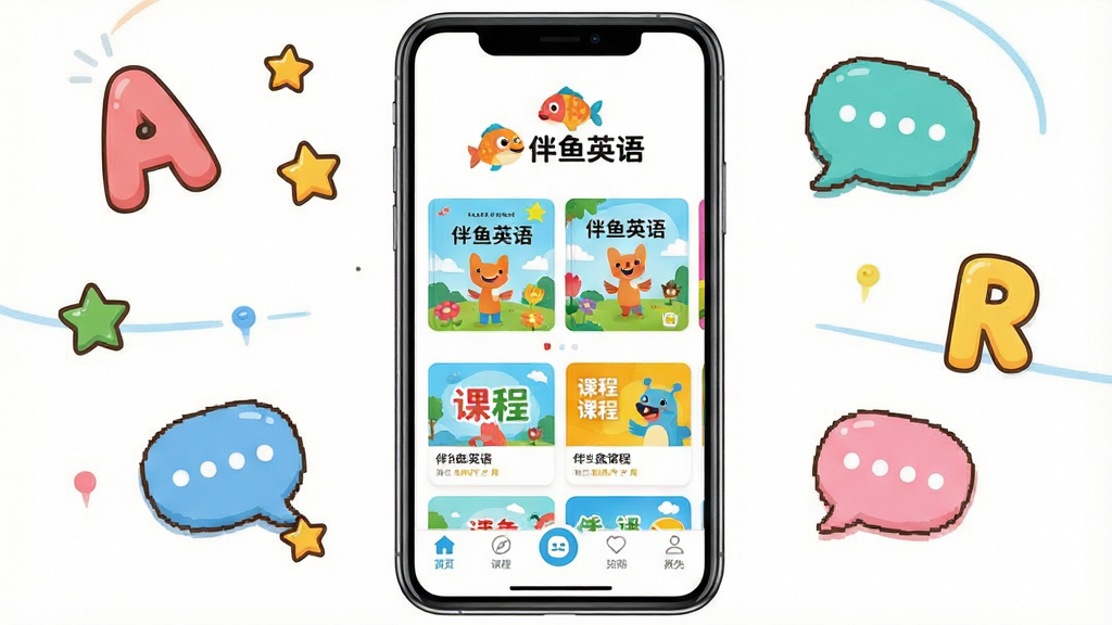 伴鱼英语App主界面全貌展示,画面中央是手机屏幕,屏幕内呈现伴鱼英语的首页布局,顶部有卡通小鱼Logo和“伴鱼英语”文字,中间是色彩明亮的绘本封面和课程卡片,底部导航栏清晰可见,周围环绕着卡通字母、星星和对话气泡等英语学习元素,整体风格活泼童趣,画质干净清晰,无多余杂乱元素