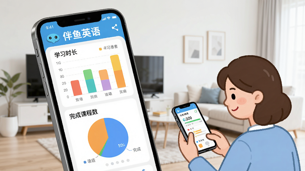 伴鱼英语学习报告界面展示,手机屏幕中显示一份彩色图表报告,包含学习时长、发音准确率、完成课程数等数据,图表用柱状图和饼图呈现,旁边有家长查看手机的卡通形象,背景是简洁的现代家居环境,风格清爽整洁,画质清晰无多余元素