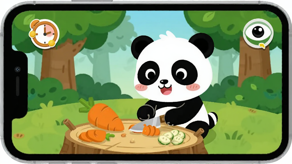 һ����ͨ�����ֻ���Ļ���棬��Ļ����ʾ�ű���ɭ����ʳ����Ϸ���棬һ���ɰ���С��è�����к��ܲ�����Ļ�Ա���һ��ʱ��ͼ���һ��С�۾�ͼ�꣬���ѿ�������ʱ�䣬�����������죬���ʸɾ��޶���Ԫ��