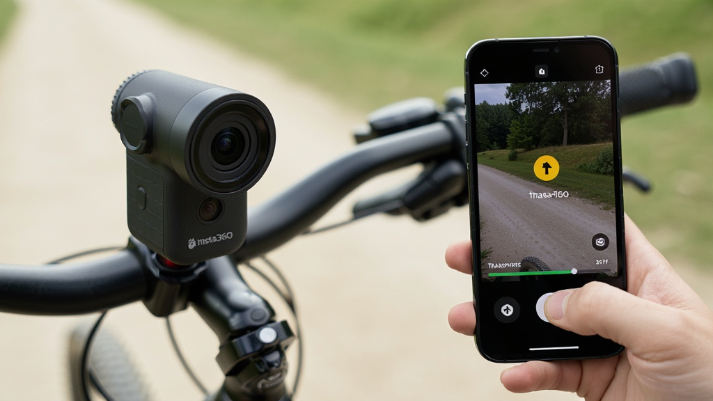 һ��չʾInsta360Զ�̿��������ߴ��书�ܵĳ���ͼ��������һ̨ȫ������̶������г������ϣ��Ա�һֻ�������ֻ�����ң�ز���������Ϊ����������д���Ҳ����ֻ���Ļ��ʾ���ƽ���ʹ�����������Ű����Һ�Ӧ�����Ϊ�����˶�����ʵ������ϸ�����ֻ���Ļ�л�ɫ����ͼ�꣬����������Ȼ�޶���Ԫ��
