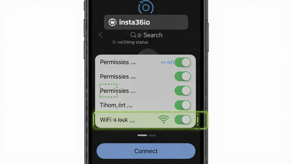 һ��չʾInsta360�ֻ����������ý����ʾ��ͼ���������ֻ���Ļ��ʾȨ�������б���WiFi����״̬������Ϊ�������豸�����������м���Ȩ�޿����б����ײ������Ӱ�ť���Ű����������Ϊϵͳ���ý�����ϸ���϶�λ��WiFiȨ�ޱ�������ע�����ʸɾ��޶���Ԫ��