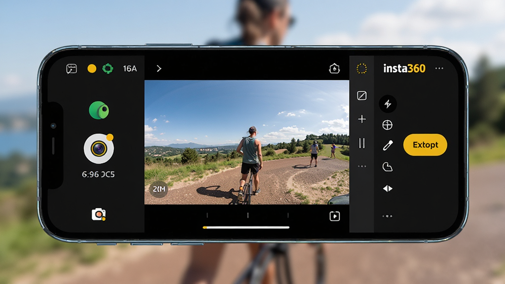 һ��չʾInsta360Ӧ�ý�����ֻ���Ļ��ͼ���������ֻ��������ã���Ļ����ʾȫ�����ʵʱԤ������ͼ���ʱ���ᣬ����Ϊ������������״̬ͼ�������������м��Ǵ����ȫ��Ԥ�����ڣ��Ҳ��Ǽ����������͵�����ť���Ű����ִ������Ϊ�Ƽ�����ɫģʽ����Ʒ�Ʊ�־�ԵĻ�ɫ��׺��ϸ�����ֻ���Ե����΢���⣬�������黯�Ļ����˶����������������ɾ��޶���Ԫ��