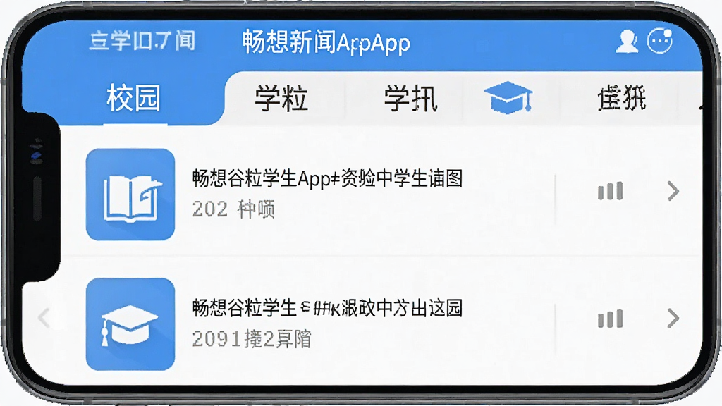 һ��չʾ�������ѧ��App��Ѷҳ����ֻ���ͼ���������ֻ���Ļ��ʾУ԰�����б��������з����ǩ��ÿ����������Сͼ�꣬��������ɫ�Ͱ�ɫΪ��ɫ������������������ִ���ƽ�����ʸɾ��޶���Ԫ��