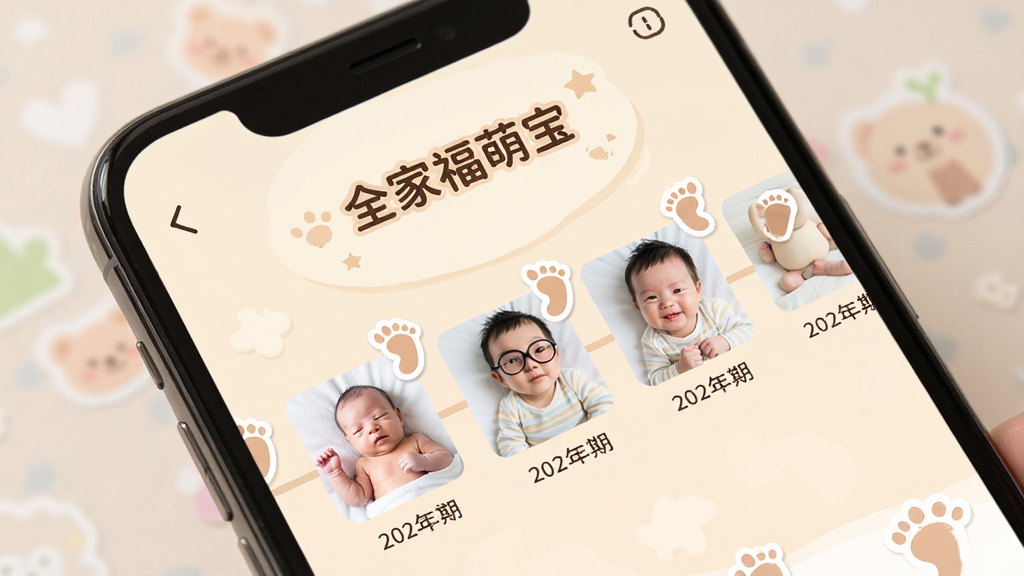 һ���ֻ���Ļ��д����Ļ����ʾ�š�ȫ�Ҹ��ȱ����ĳɳ�ʱ������棬ʱ������������Ӥ���ӳ������������Ƭ��ÿ����Ƭ�������ڱ�ע��С��ӡ��ֽ�����汳��Ϊ��͵��׻�ɫ�����ɰ���ܰ�����ʸɾ����޶���Ԫ��