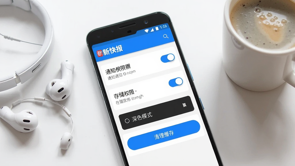 һ����׿�ֻ�չʾ���¿챨��App�����ý��棬��Ļ����֪ͨȨ�޿��ء��洢Ȩ�޿��ء���ɫģʽѡ��������水ť���������࣬������ɫ���ֻ��Ա߷��Ŷ����Ϳ��ȱ������廭��ɾ�����