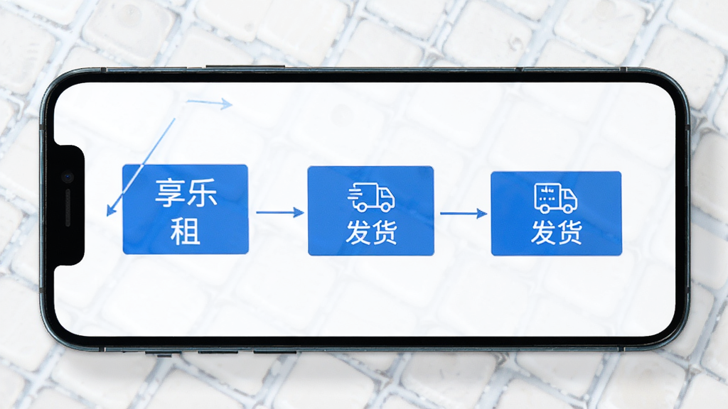 享乐租 审核通过 发货 流程图 手机屏幕 显示 订单状态 物流信息 简洁 蓝色 白色 现代