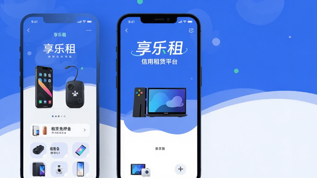 享乐租 信用租赁平台 主界面 手机端 展示 数码产品 手机 电脑 游戏机 租赁 免押金 蓝色 白色 现代扁平 干净