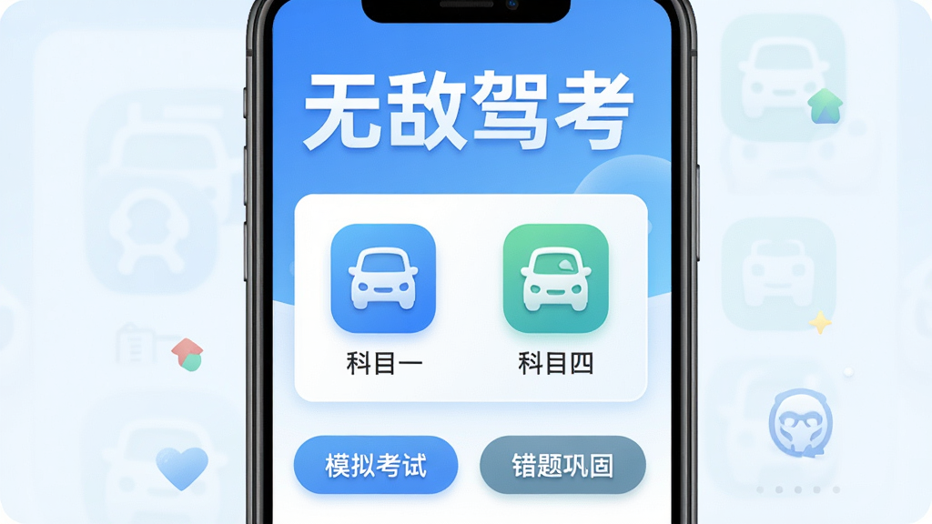 �ֻ���Ļ��ʾ�޵мݿ�APP�����棬�Ϸ�����Ŀ�ġ��޵мݿ����ĸ����֣��м�չʾ�ſ�Ŀһ�Ϳ�Ŀ�ĵ�������ͼ�꣬�·���ģ�⿼�Ժʹ��⹮�̵İ�ť�����岼�ּ�����ˣ����������µ����׽���ɫ��������ִ���ƽ����ͼ��Բ��ϸ�ھ��£����ʸɾ��޶���Ԫ�ء�