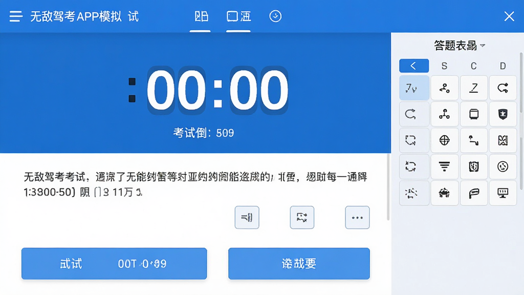 �޵мݿ�APPģ�⿼�Խ����ͼ����Ļ������ʾ����ʱ���ֺͿ�����Ŀ���·���ѡ�ť���Ҳ��д��⿨�������񣬽������������ɫ�������רҵ�����������ɾ����޶���Ԫ�ء�