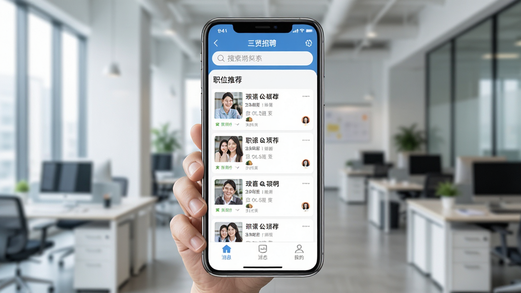һ���ֻ�Ӧ�ý����ͼ��չʾ������ƸAPP����ҳ�棬ҳ�涥�����������м���ְλ�Ƽ��б����ײ�����Ϣ���ҵĵȵ�����������������࣬��ְ�������ֻ�΢Ц���������ִ����İ칫�����������ʵ��Ȼ�����������ɾ��޶���Ԫ��
