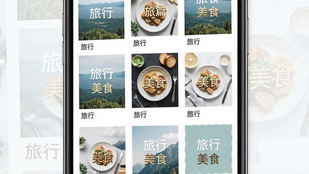 一张展示美篇App模板库界面的图片,主体是手机屏幕里排列着多个不同风格的图文模板缩略图,布局是网格状排列,排版整齐,风格是清新简约风,细节包括每个模板上的“旅行”、“美食”文字标签,画质干净,无多余元素