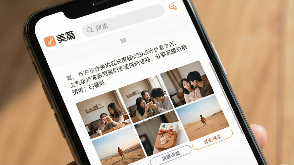 一张展示美篇App核心界面的图片,主体是手机屏幕里显示着图文编辑界面,布局是顶部有“美篇”Logo和搜索栏,中间是文章编辑区域和图片拼图模块,排版清晰,风格是温暖的生活记录风,细节包括圆润的按钮和清晰的文字标签,画质干净,无多余元素