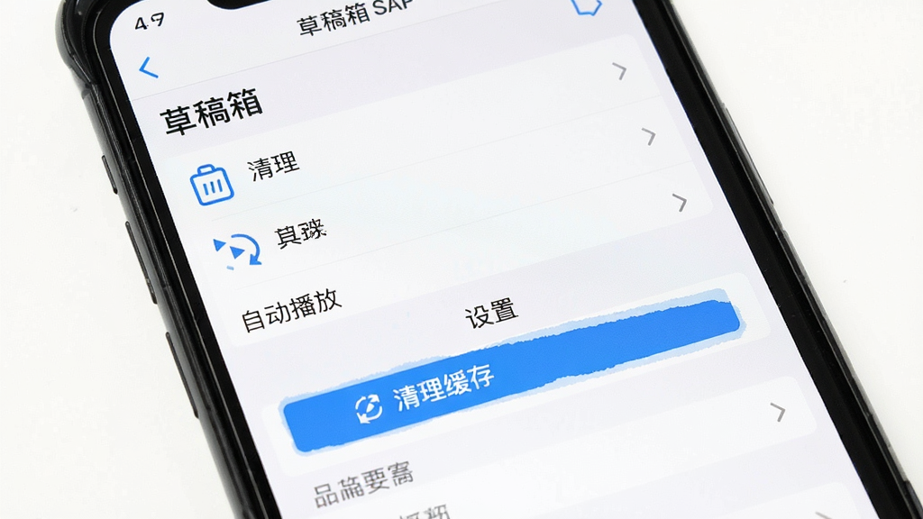 一张展示美篇App草稿箱和设置界面的图片,主体是手机屏幕里显示着“草稿箱”列表和“设置”菜单,布局是上下排列,排版清晰,风格是实用工具风,细节包括“清理缓存”、“自动播放”等文字按钮,画质干净,无多余元素
