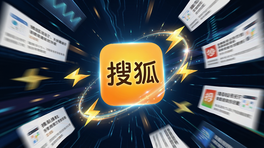 一张表现信息极速刷新的抽象概念图,画面中央是搜狐网App图标,周围环绕着闪电符号和不断向上滚动更新的新闻卡片,主体突出图标与速度感,布局采用放射状构图,风格科技动感,细节有光效点缀,画质清晰锐利,无多余元素