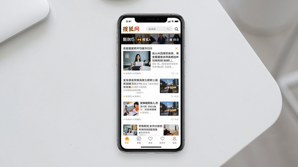 一张展示搜狐网App核心界面的手机样机图,手机屏幕显示搜狐网首页信息流,包含新闻标题、图片缩略图和底部导航栏,背景是简洁的浅灰色桌面,主体为手机和App界面,布局居中,风格现代扁平化,细节清晰,画质干净明亮,无多余元素