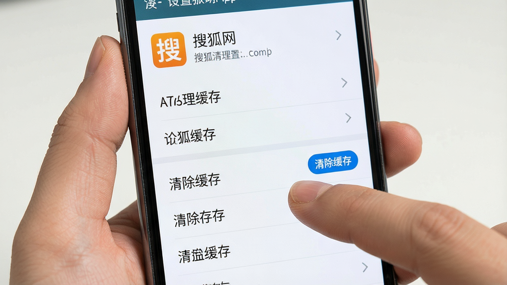 一张展示手机清理缓存操作步骤的示意图,画面中一只手拿着手机,手指指向搜狐网App设置菜单中的清除缓存按钮,主体为手机屏幕和手指,布局居中特写,风格简洁教程风,细节清晰显示菜单文字,画质干净无多余元素
