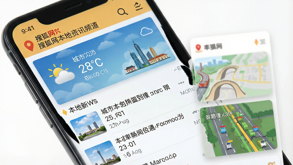 一张展示搜狐网本地资讯频道的手机界面图,屏幕内显示城市天气、本地新闻列表和路况提醒卡片,主体为手机屏幕内容,布局清晰,风格生活化,细节包含定位图标和城市地标剪影,画质干净,无多余元素