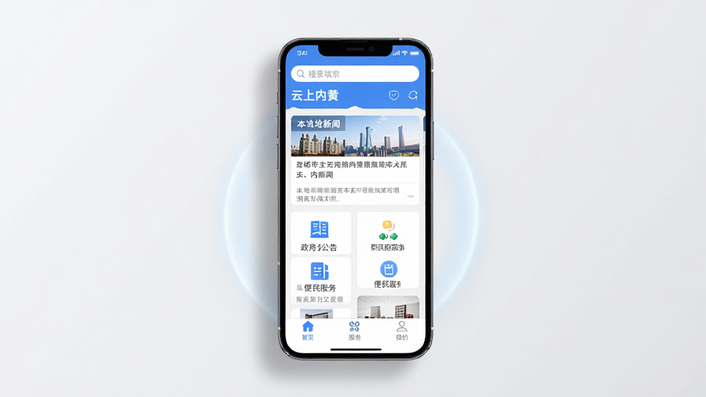 一张展示云上内黄手机应用主界面的图片,画面中央是手机屏幕,屏幕上显示云上内黄APP的首页,顶部有搜索框和城市名称,中间是新闻资讯卡片列表,包含本地新闻、政务公告、便民服务图标,底部有首页、服务、我的三个导航标签,整体配色以蓝色和白色为主,风格简洁现代,手机周围有淡淡的阴影和光效,背景是干净的浅灰色,画质清晰,无多余元素