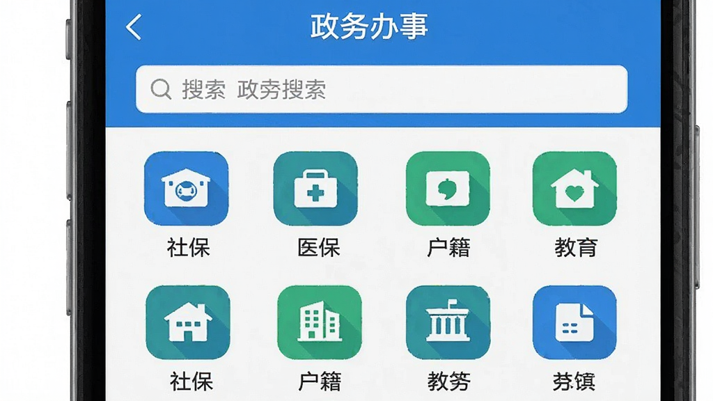 一张展示云上内黄政务办事页面的图片,画面中手机屏幕显示“政务办事”界面,上方是搜索框,下方分类展示社保、医保、户籍、教育等服务图标,每个图标下方有文字标签,图标风格统一为扁平化设计,配色以蓝色和绿色为主,背景为白色,整体干净整洁,画质清晰,无多余元素