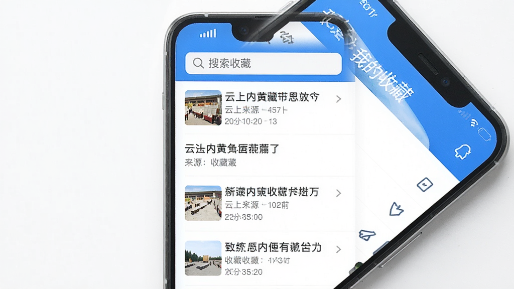 一张展示云上内黄收藏页面的图片,画面中手机屏幕显示“我的收藏”界面,列表中有多篇收藏的文章,每篇文章显示标题、来源和收藏时间,顶部有搜索框,界面简洁,配色以蓝白为主,背景干净,画质清晰,无多余元素