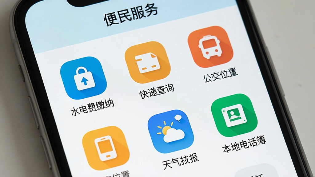 一张展示云上内黄便民服务页面的图片,画面中手机屏幕显示“便民服务”界面,包含水电费缴纳、快递查询、公交位置、天气预报、本地电话簿等图标,图标排列成网格状,每个图标带有文字说明,配色清新,背景为浅色,整体风格简洁实用,画质清晰,无多余元素