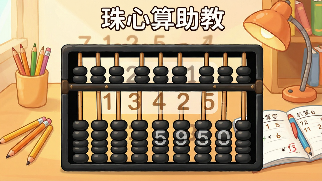 一张展示珠心算助教软件界面的整体截图,画面中央是虚拟算盘和数字练习题,上方显示“珠心算助教”软件名称,背景是温馨的书房环境,书桌上放着铅笔和练习本,整体色调明亮温暖,风格卡通可爱,细节清晰,画质干净无多余元素