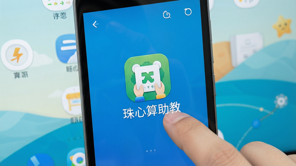 一张展示珠心算助教在安卓手机上安装完成的画面,手机屏幕显示软件图标和应用名称“珠心算助教”,背景是简洁的桌面壁纸,旁边有手指点击图标的动作,整体风格写实清晰,画质干净
