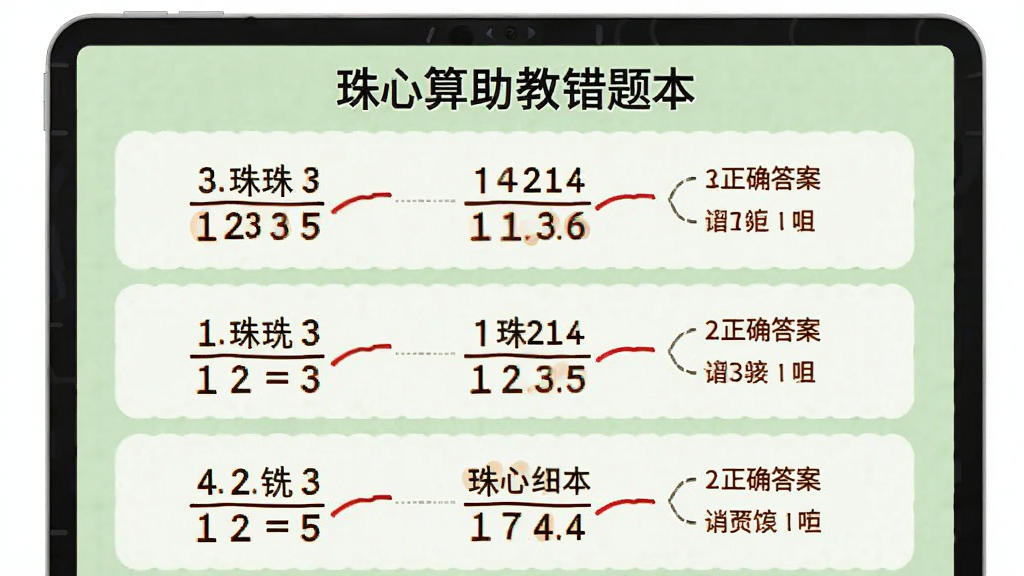 一张展示珠心算助教错题本界面的图片,画面中列出了几道做错的珠心算题目,旁边有红色标记和正确答案提示,背景是浅绿色,界面布局清晰,文字标签明确,整体风格清爽干净