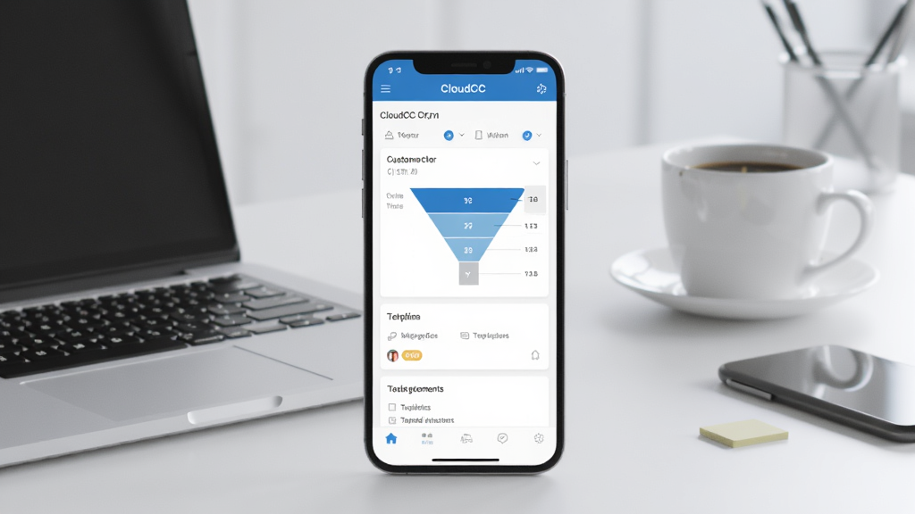 һ��չʾCloudCC CRM��������ȫò������ͼ������������һ�������ֻ����ֻ���Ļ����ʾCloudCC CRM���ƶ��������棬�����а����ͻ��б�������©��ͼ�����������Ƭ�������Ǽ����ִ��칫���������бʼǱ����ԺͿ��ȱ��������������Լ��ɫ��������Ϊ����ϸ�����������ʸɾ��޶���Ԫ��