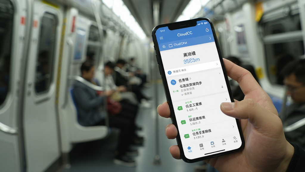 һ��չʾCloudCC CRM�ƶ��칫������ͼƬ��������һֻ�������ֻ��ڵ��������ڲ���CloudCC CRMӦ�ã���Ļ��ʾ����ͬ��״̬�����������б���������ģ���ĵ������ỷ�������дʵ��������ʸɾ��޶���Ԫ��